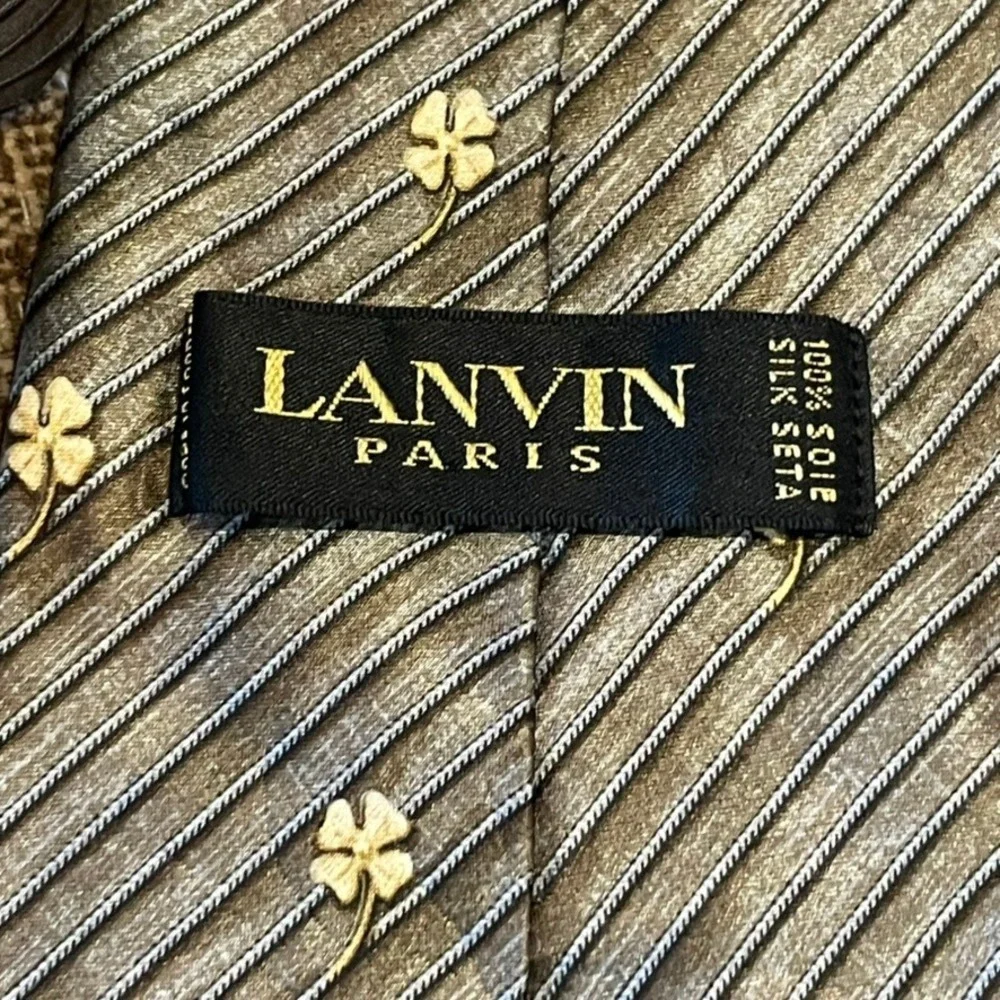 Lanvin Paris Necktie Dark Academia Mens Olive Green Silk Lucky Clover Stripe